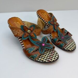 Spring Step Durrow Leather Floral Slide Sandals Tan Teal Boho Mules Womens 38